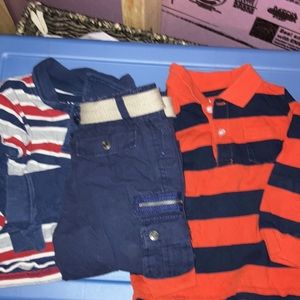 Greendog 24mo navy pants w/ tan belt and orange/blue long sleeve T.  Plus bonus